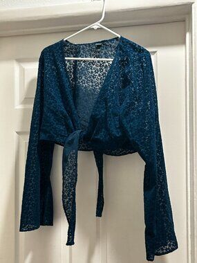Teal/Blue Floral Tie-Front Crop Top with Bell Sleeves